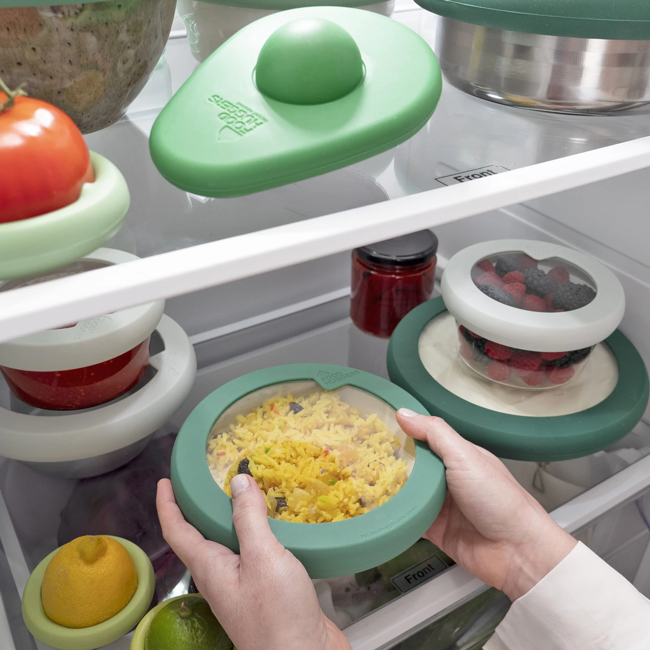 Food Huggers wymienne pokrywki do szklanych pojemników do przechowywania | silikonowe i szklane pokrywki, które nie pękają, pasują do większości okrągłych marek i misek | 100% bez plastiku | Zestaw 3