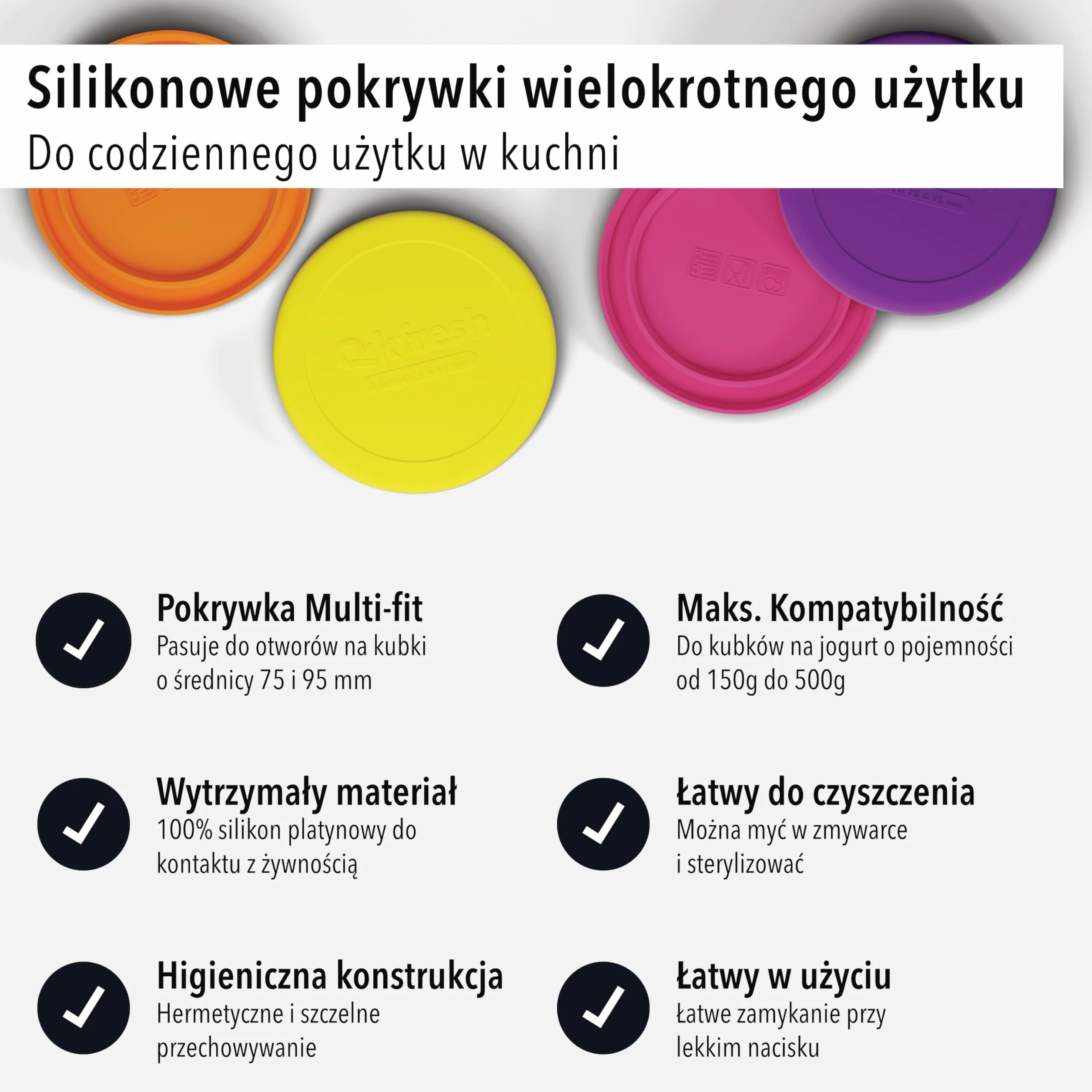Qikfresh silikonowe pokrywki wielokrotnego użytku 2 sztuki - Pokrywki na kubki jogurtowe 150–500 g - Szczelne elastyczne i odporne na przecieki - Pokrywka świeżości z silikonu (Pomarańczowy)